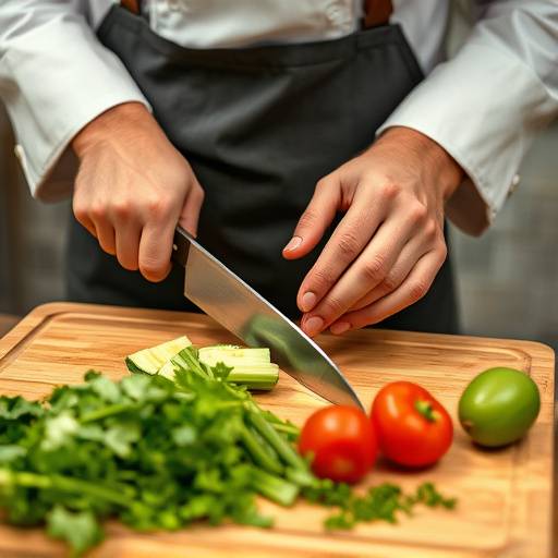 A chef demonstrating knife skills, chopping vegetables on a cutting board.
