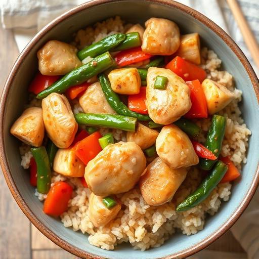 A close-up image of a bowl of chicken and vegetable stir-fry with brown rice