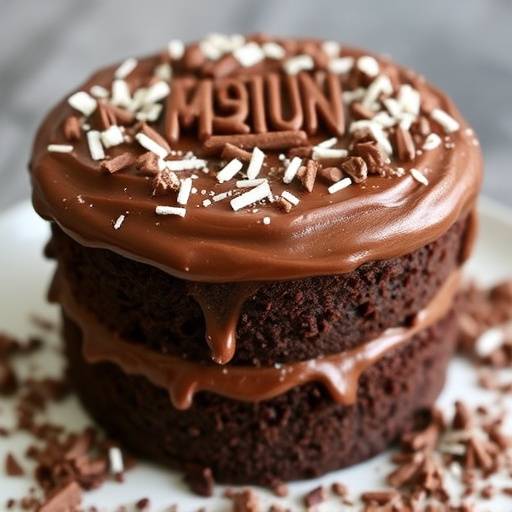 A decadent chocolate cake with layers of rich chocolate frosting and chocolate shavings.