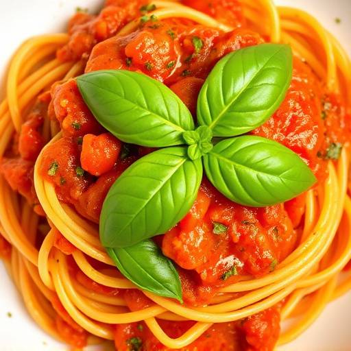 A delicious plate of homemade pasta with marinara sauce and fresh basil.