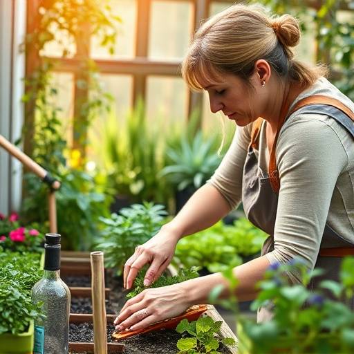 A person gardening, tending to herbs in a small herb garden.