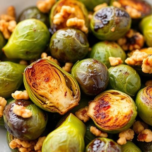 Close-up of roasted Brussels sprouts with balsamic glaze and toasted walnuts