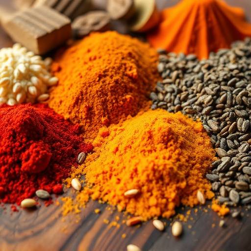 Close-up shot of colorful spices arranged on a wooden table.