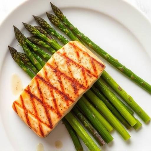 Overhead view of a plate with grilled salmon and asparagus